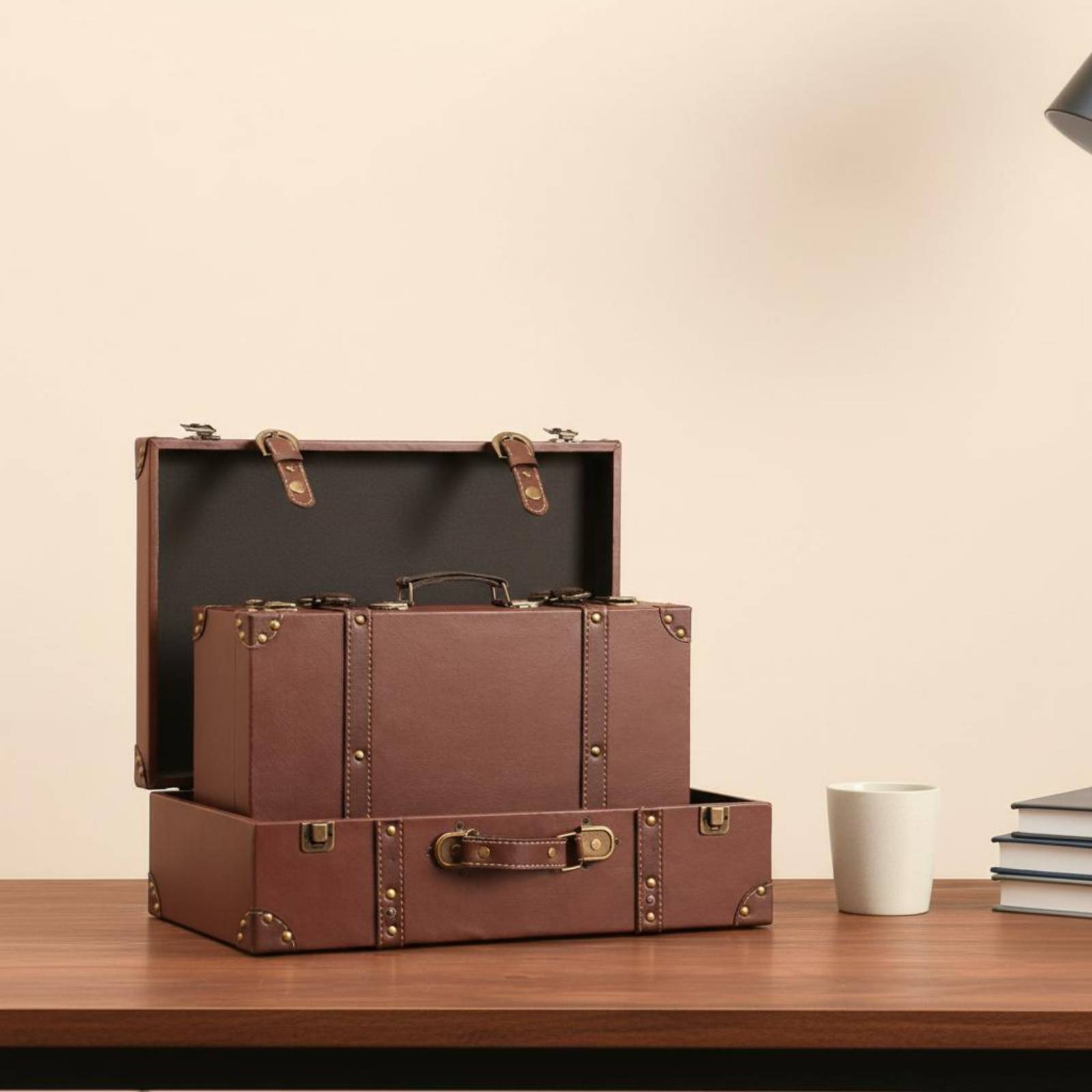 Retro Vintage Trunk Suitcase - Vintage Deri Görünümlü Sert Valiz Retro